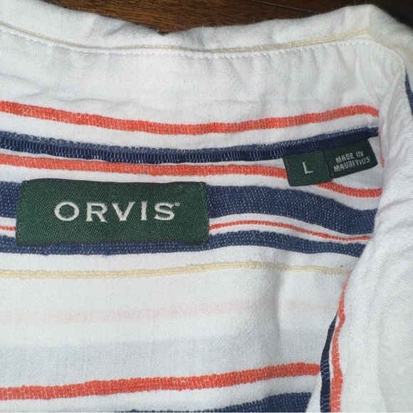 ORVIS White Textured Blue Orange Striped Short Sleeve Button Up Shirt Mens L - Picture 8 of 11